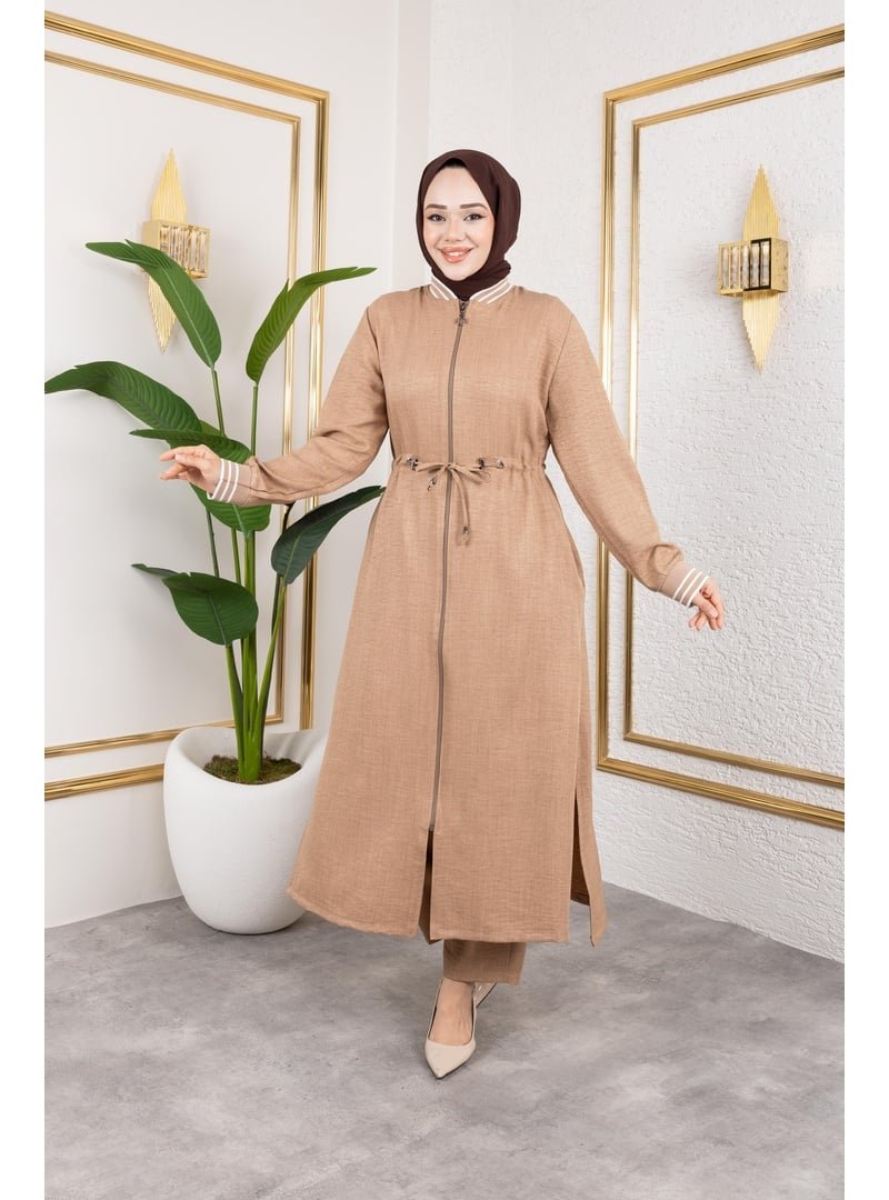 Harmatime butik Ribanalı Fermuarlı Bej Keten İkili Takım