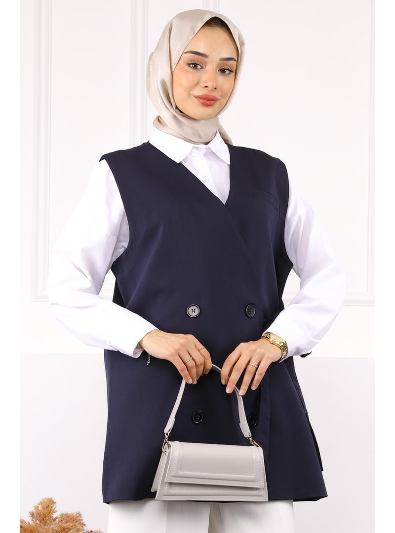 İmaj Butik Lacivert Yan Bağlamalı Dügmeli Krep Yelek