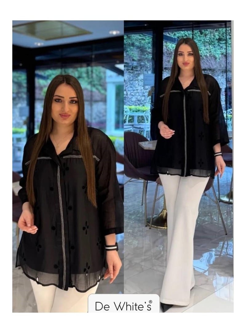 De White`s Siyah Büyük Beden Keten Ve Brodere Önü İşleme Detaylı Gömlek