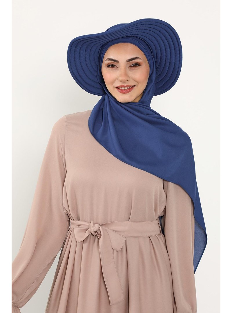 Aisha`s Design İndigo Çıkarılabilir Arkası Fiyonklu Şapkalı Pratik Krep Şal Türban,ss