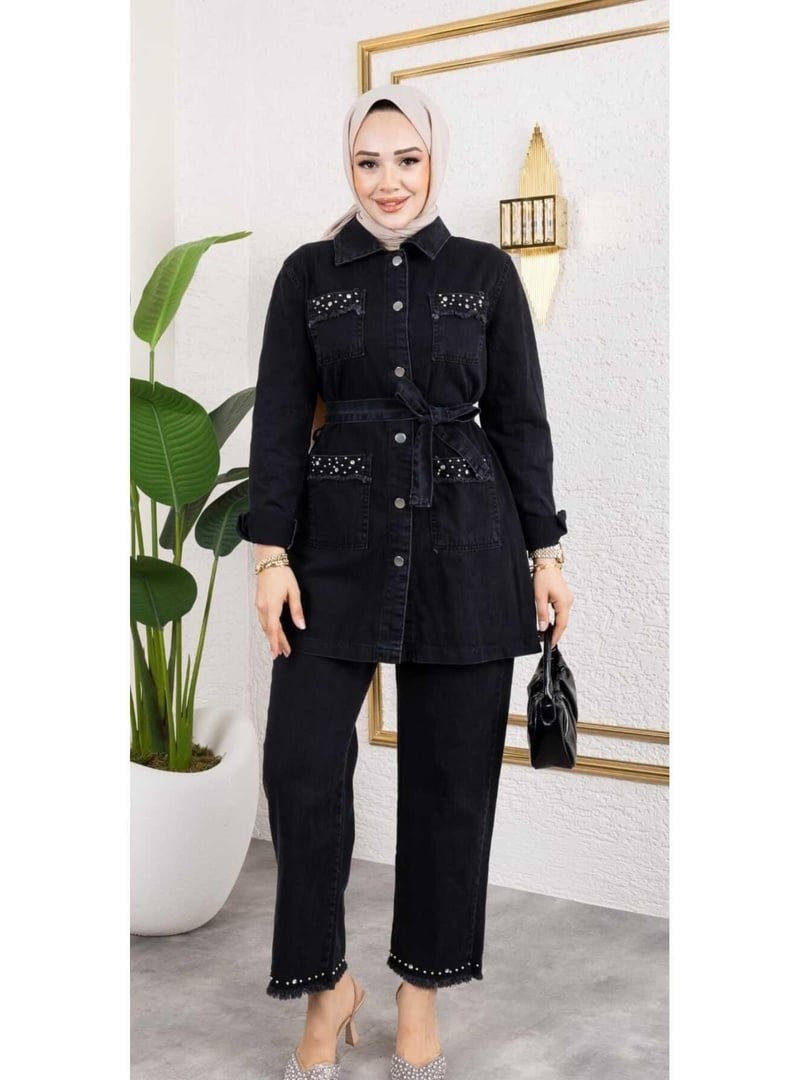Harmatime butik Taş Detaylı 2li Takım Kot Ceket Pantolon