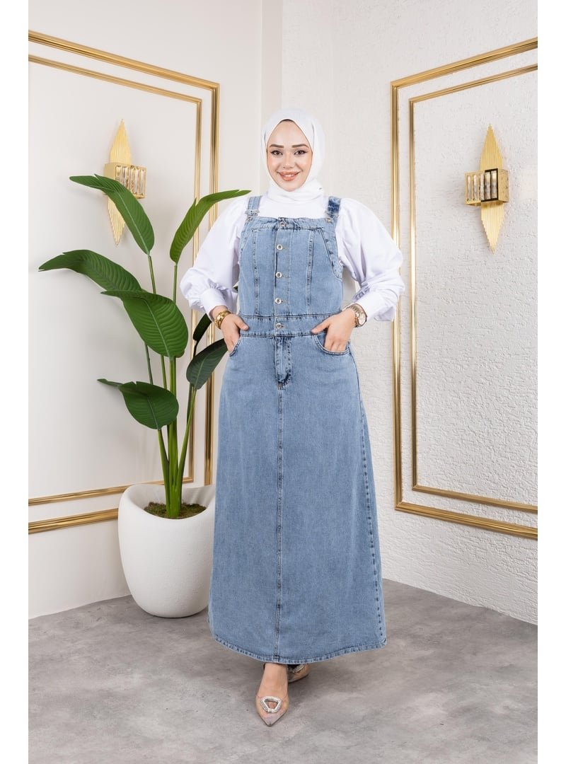 Harmatime butik Mavi Askılı Düğmeli Kot Salopet