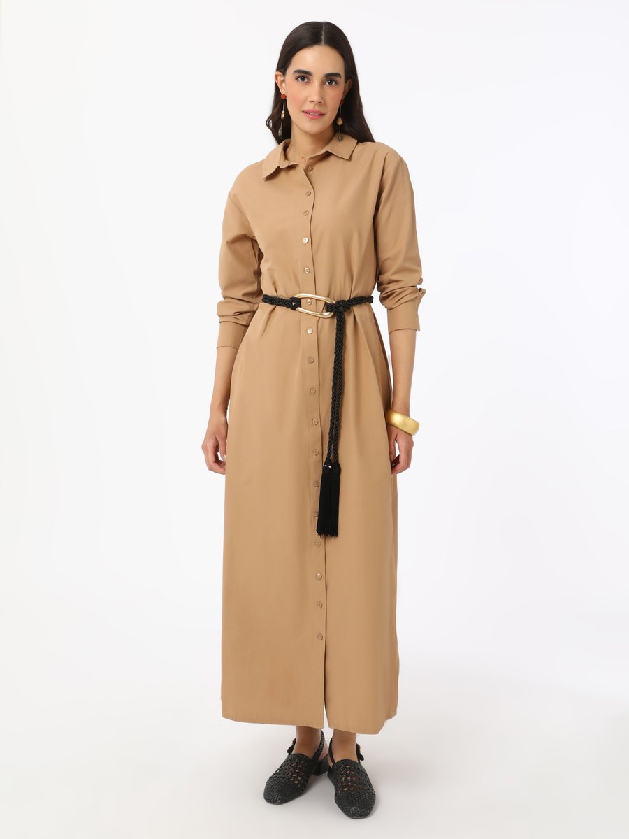 Refka Camel Poplin Düğme Detaylı Elbise