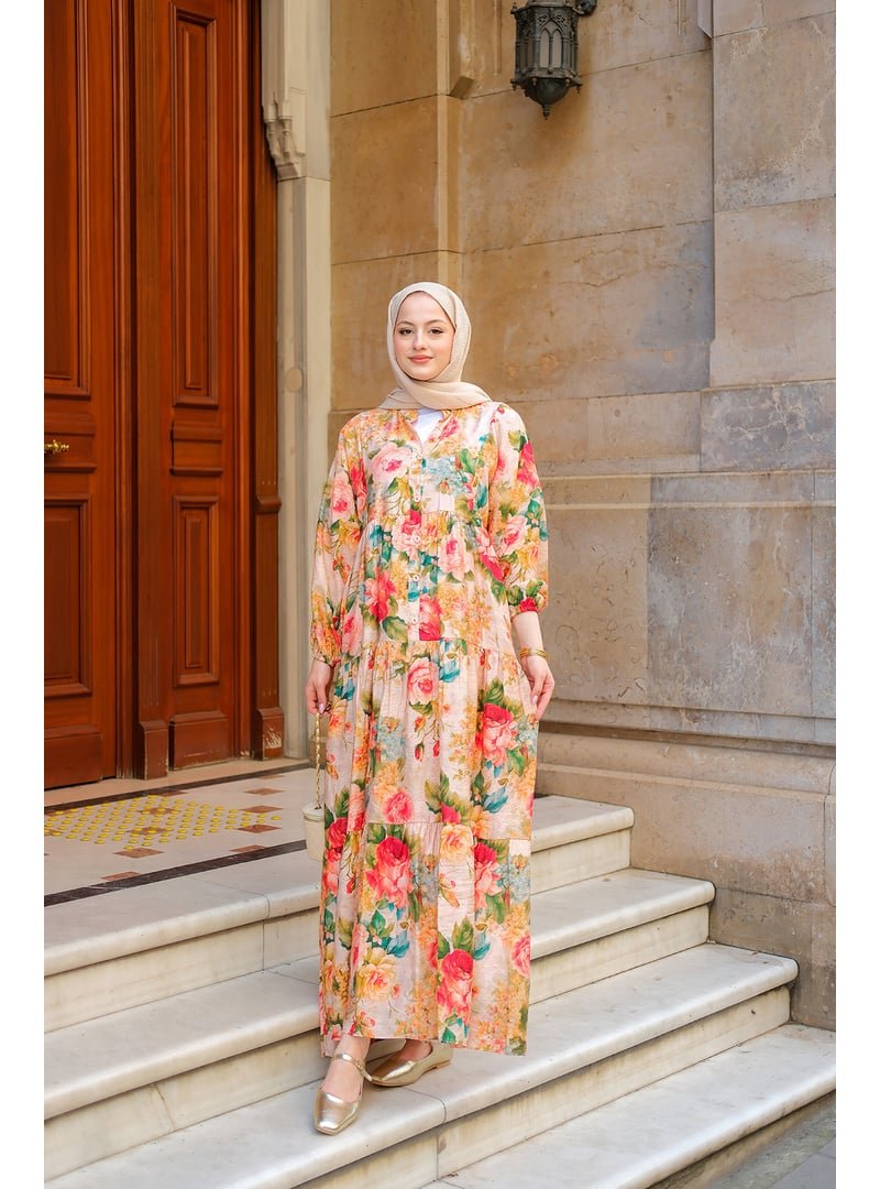 Locco Moda Nar Çiçeği Gül Desenli Elbise