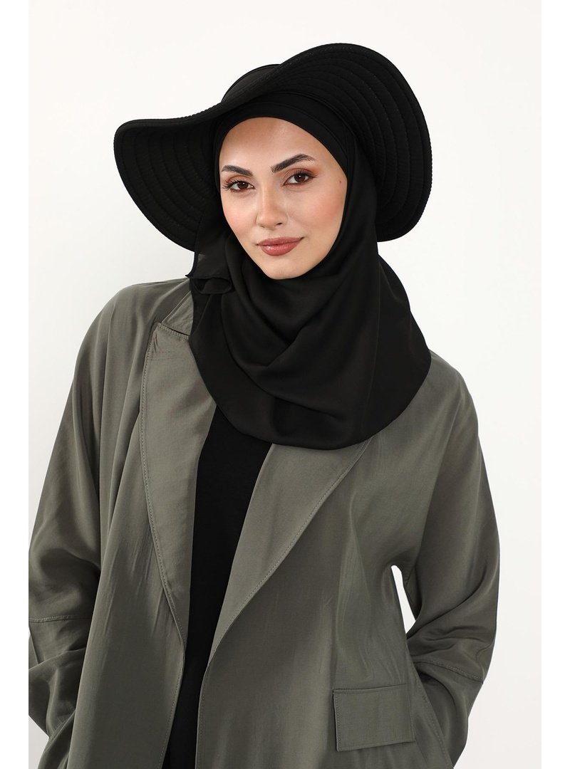Aisha`s Design Siyah Çıkarılabilir Arkası Fiyonklu Şapkalı Pratik Krep Şal Türban,ss