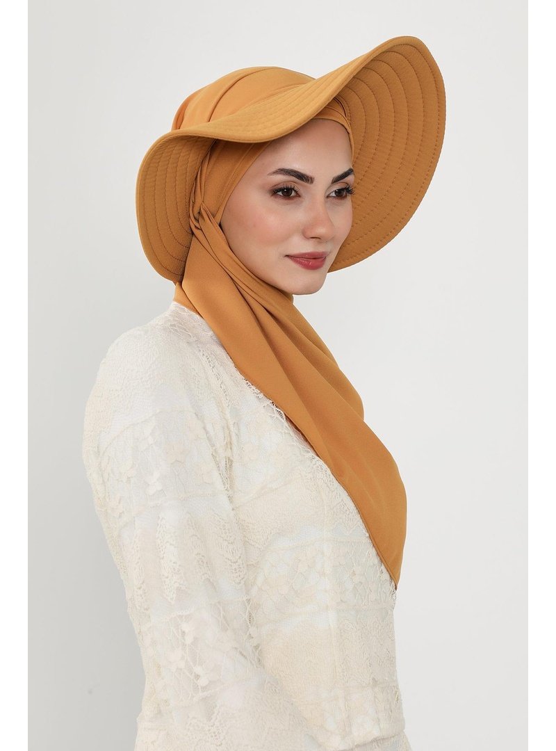 Aisha`s Design Hardal Çıkarılabilir Arkası Fiyonklu Şapkalı Pratik Krep Şal Türban,ss
