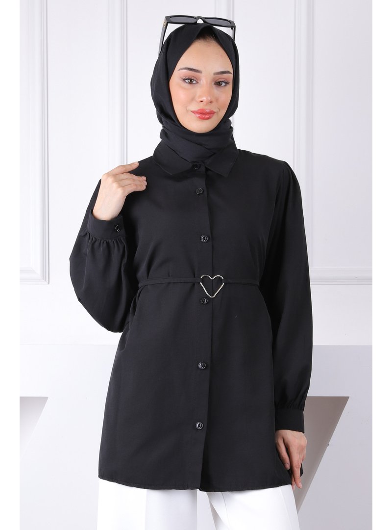 İmaj Butik Siyah Kuşaklı Düğmeli Gömlek