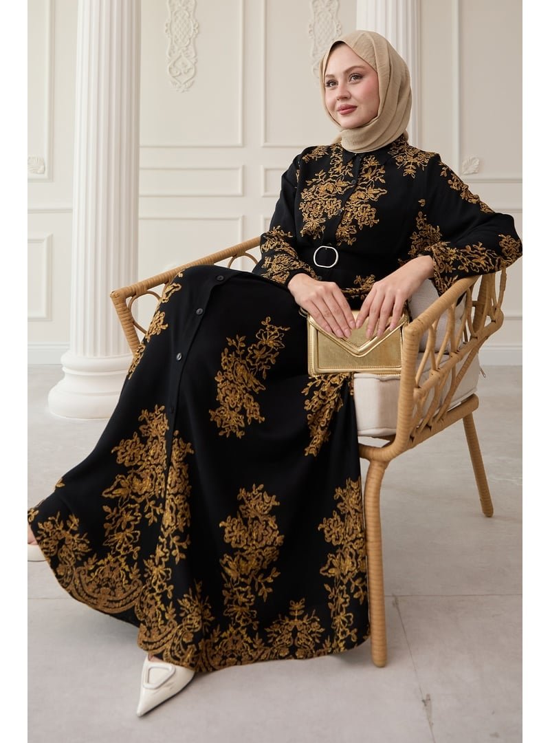 InStyle Gold Desenli Siyah Viskon Elbise