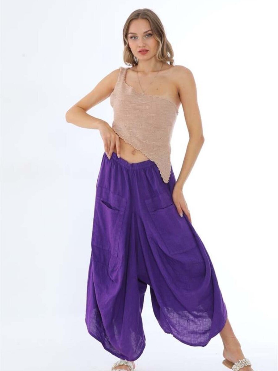 Bohem Stil Rahat Keten Cepli İtalyan Şalvar Pantolon