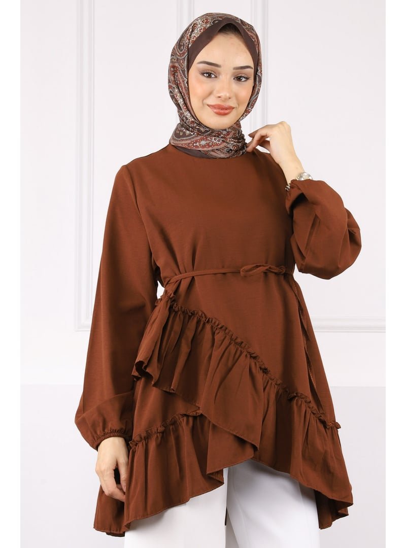 İmaj Butik Kahverengi Eteği Katlı Fırfırlı Tunik