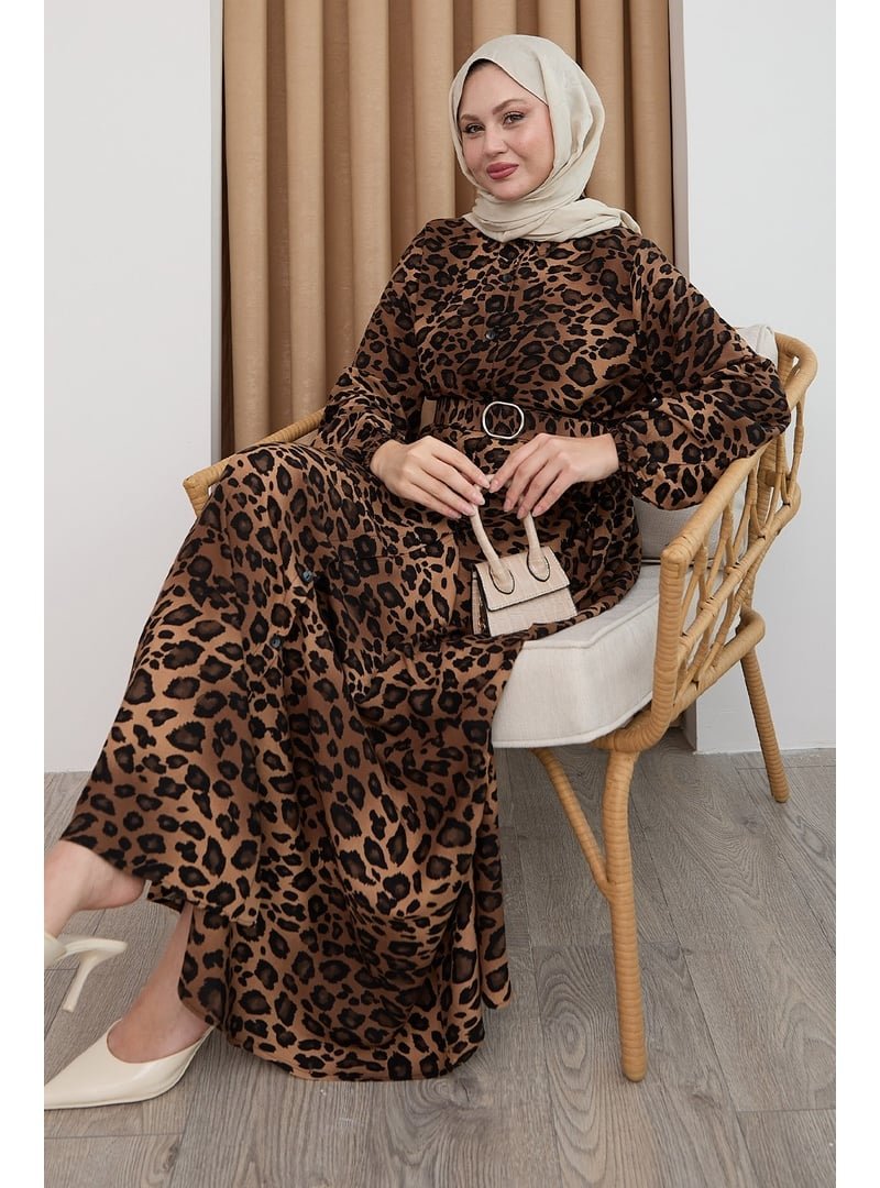 InStyle Leopar Desen Kahverengi Viskon Elbise