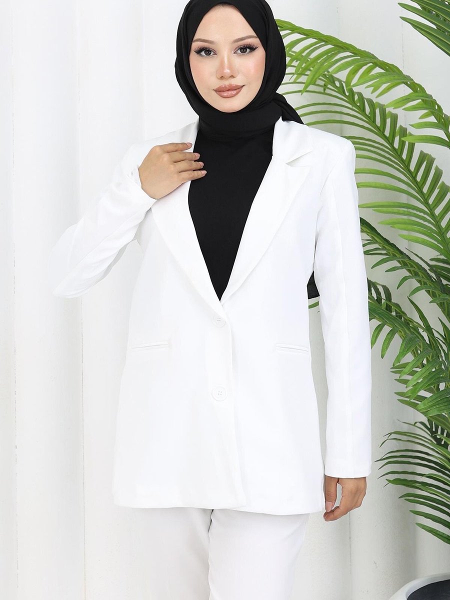 Modamihram Beyaz Tek Düğmeli Blazer Ceket