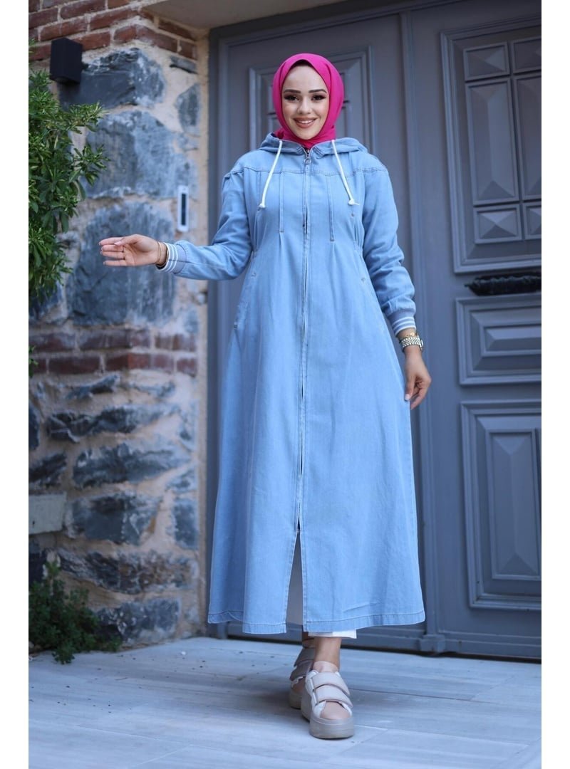 Harmatime butik Fermuarlı Cepli Kapüşonlu Kol Ribanalı Denim Kot Kap