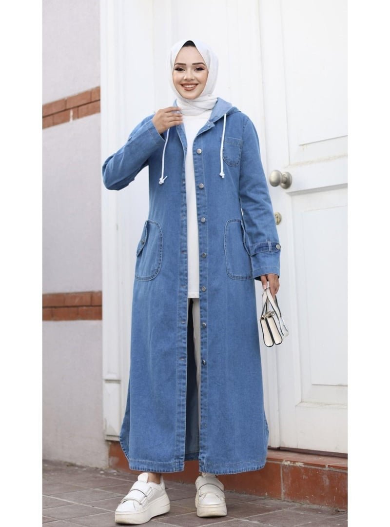 Harmatime butik Cepli Düğmeli Kapüşonlu Denim Kot Trençkot