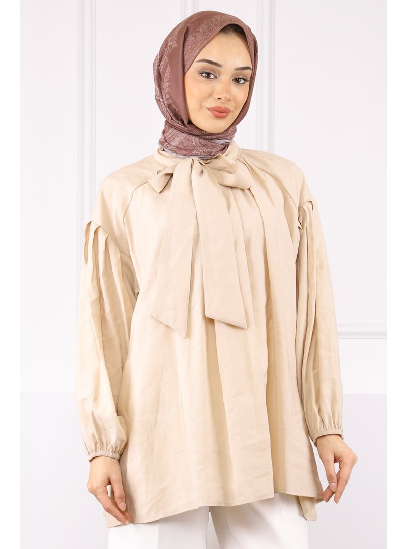 İmaj Butik Bej Yaka Detaylı Balon Kol Tunik