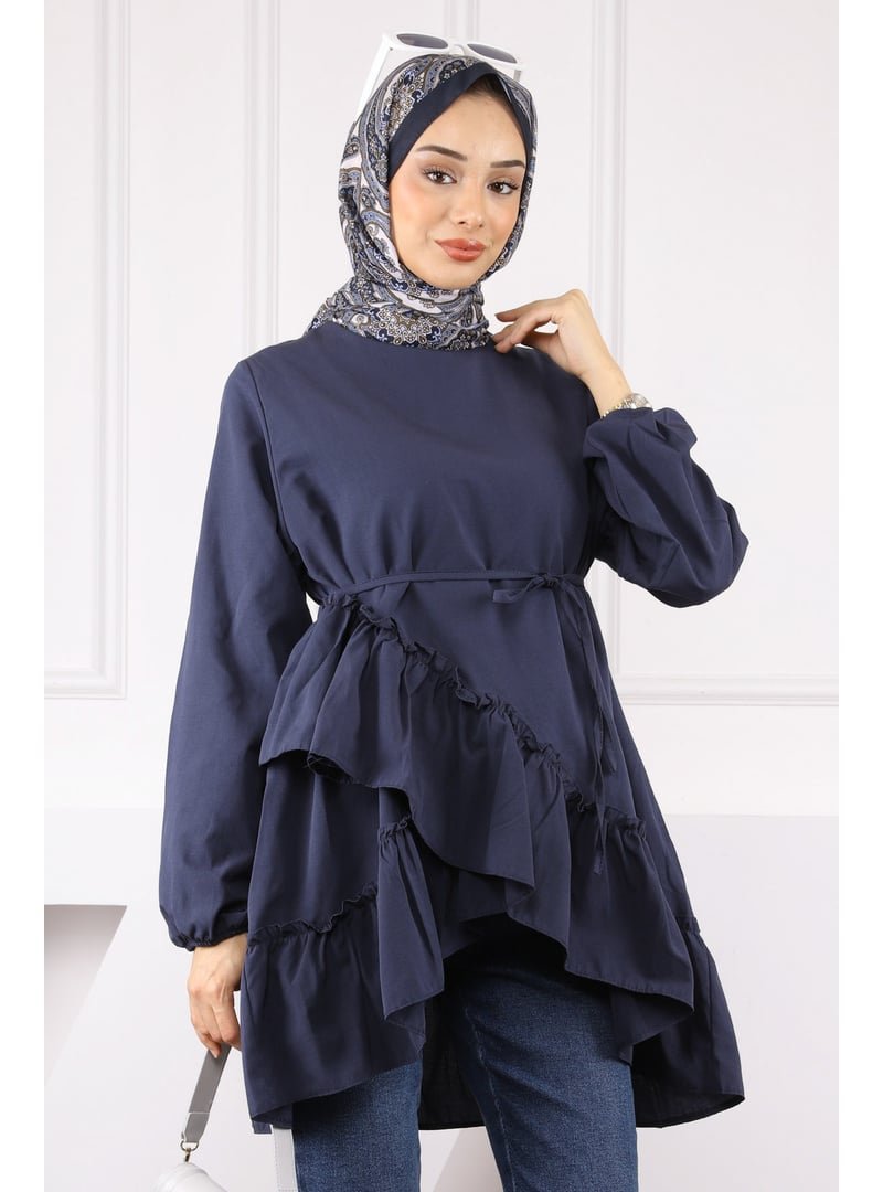 İmaj Butik Lacivert Eteği Katlı Fırfırlı Tunik