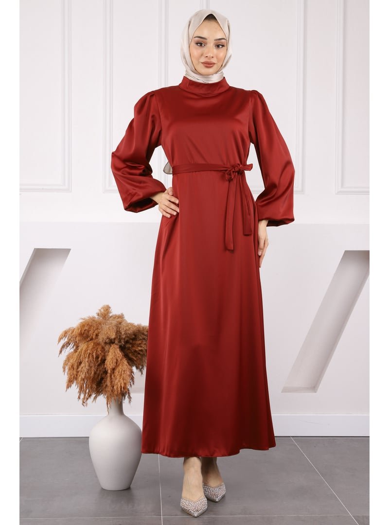 İmaj Butik Bordo Hakim Yaka Balon Kol Saten Abiye Elbise