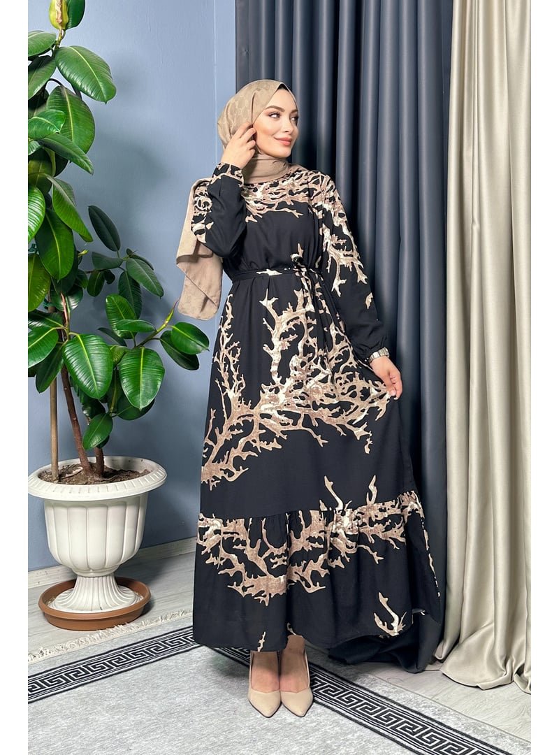 Liz Butik Siyah Venedik Desenli Elbise