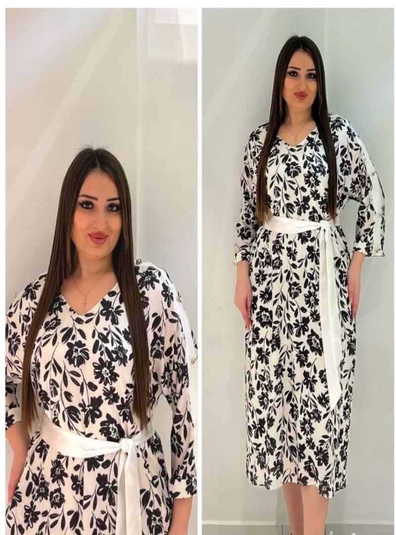 De White`s Büyük Beden Kollar Düğme Detaylı Elbise Ekru