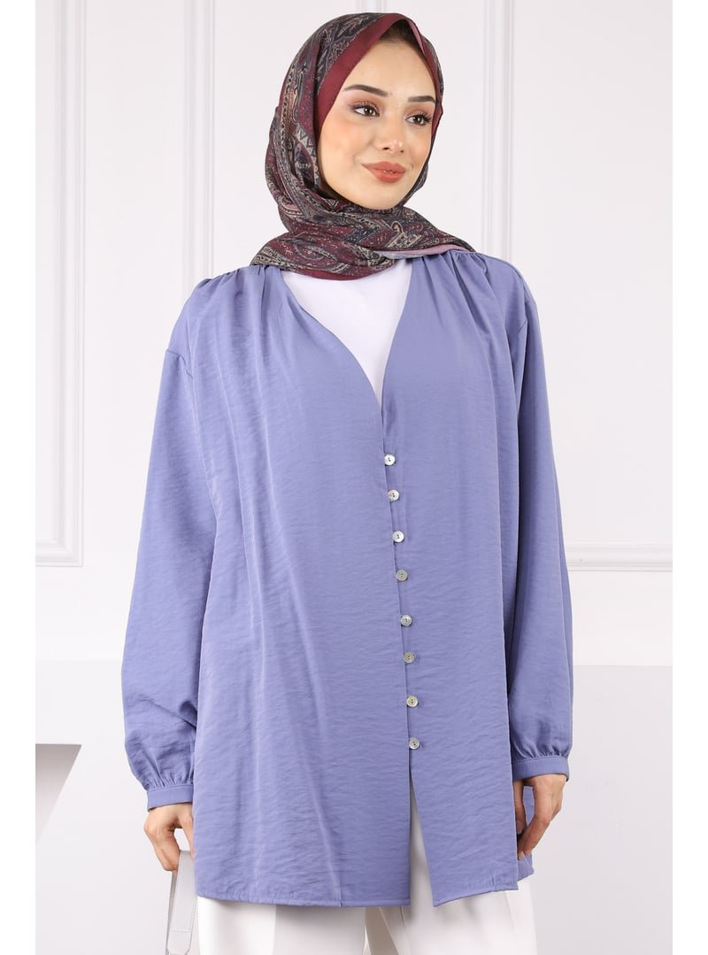 İmaj Butik İndigo Omuz Pileli Düğmeli Hırka