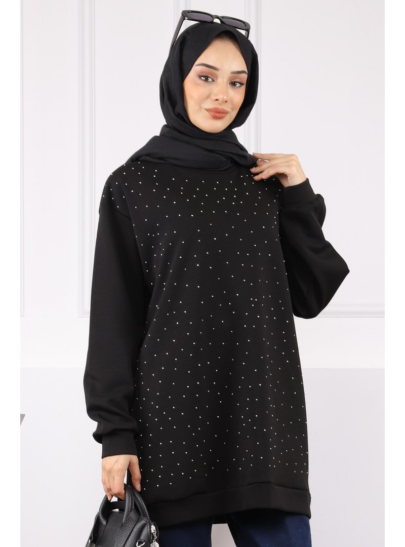 İmaj Butik Siyah Bisiklet Yaka Taşlı Modal Tunik