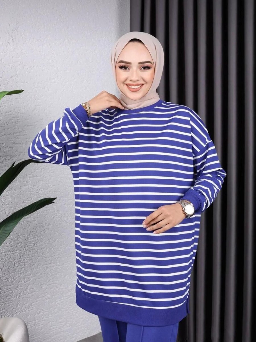 SFG Life Moda Mavi Çizgili Bisiklet Yaka Oversize Tunik