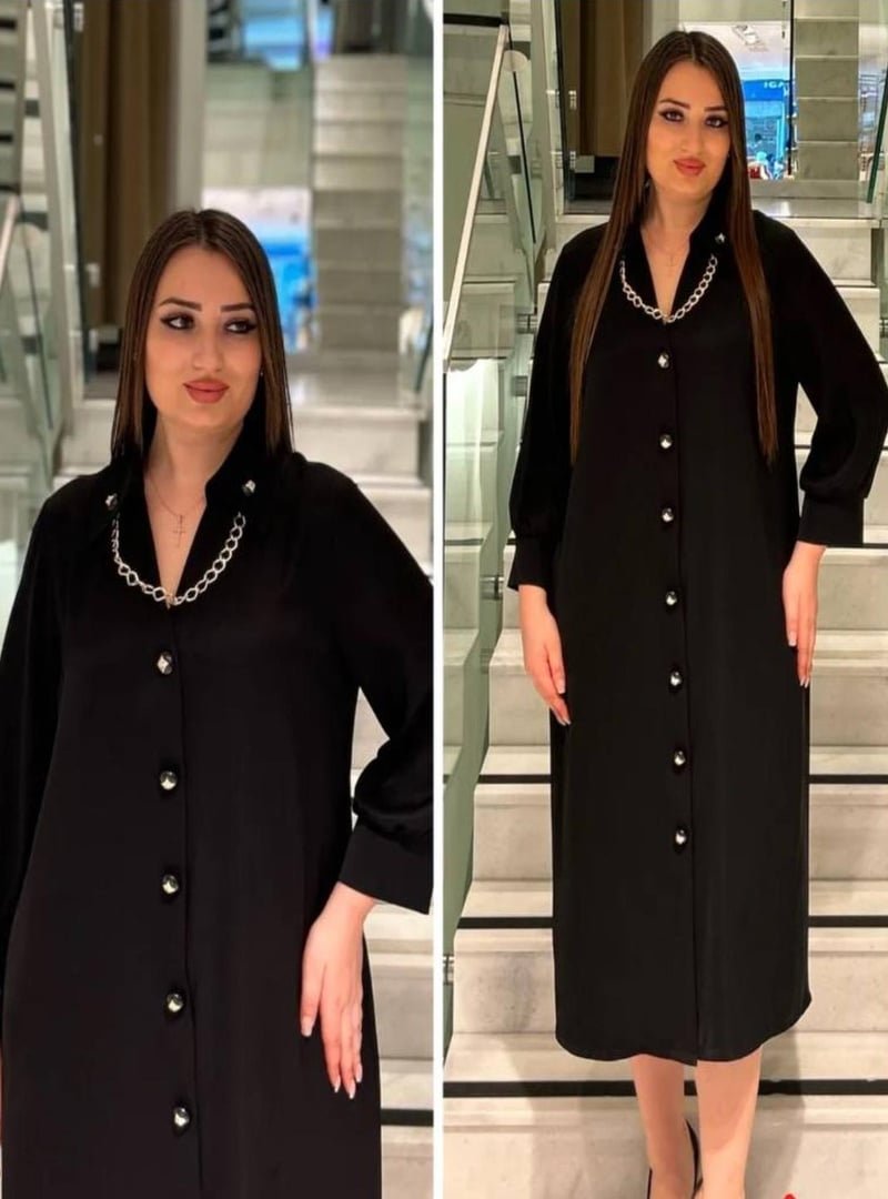 De White`s Siyah Büyük Beden Yaka Zincir Aksesuar Detaylı Elbise