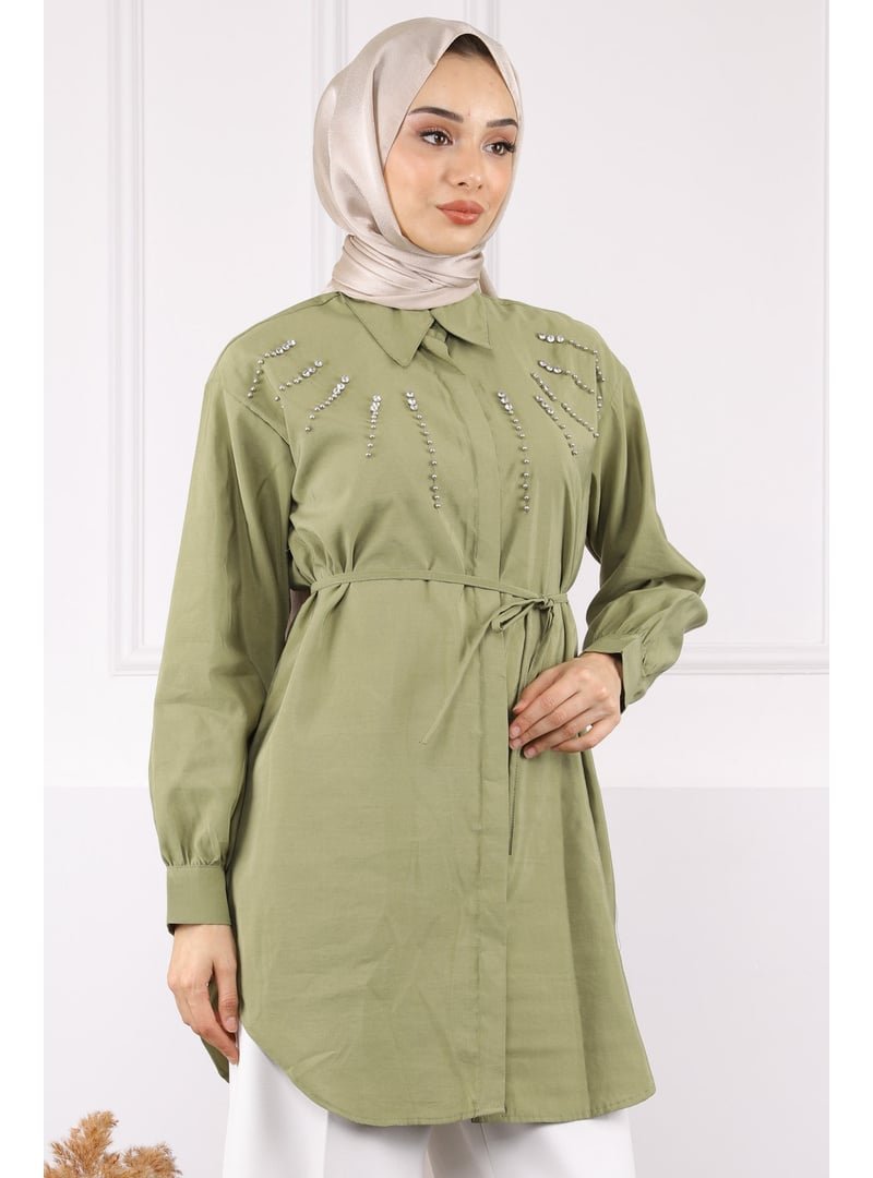 İmaj Butik Haki Önü Taşlı Modal Tunik