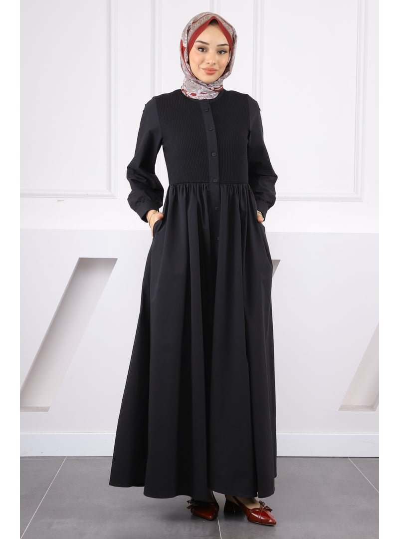 İmaj Butik Siyah Gofralı Ön Düğmeli Elbise