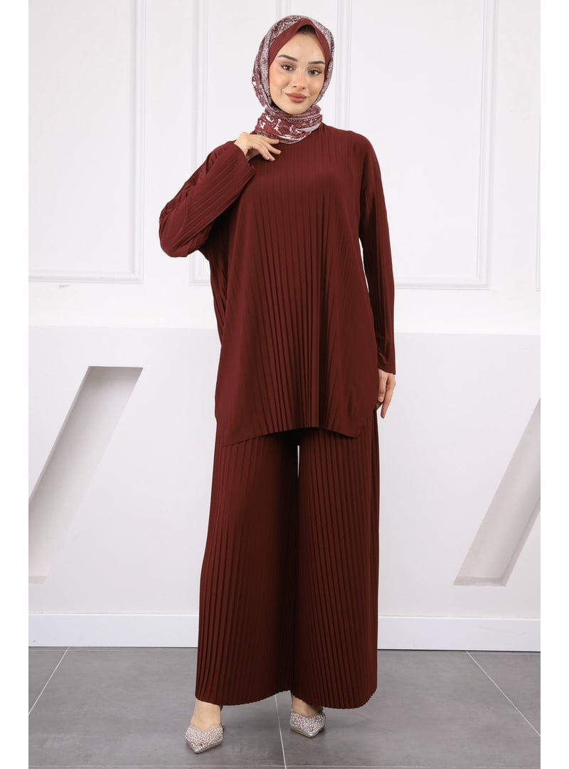 İmaj Butik Bordo Piliseli Sandy Tunik Pantolon Takım