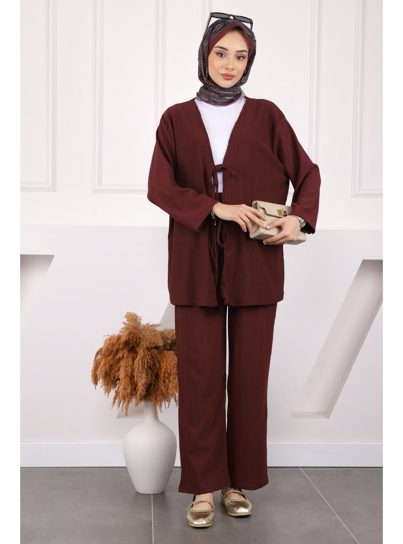 İmaj Butik Mürdüm Ön Bağlamalı Bürümcük Kimono Takım