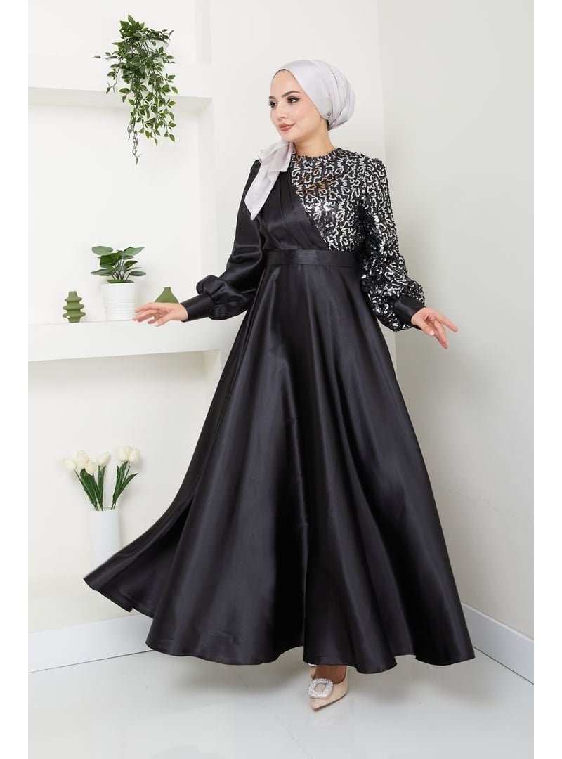 AYŞE MELEK TASARIM Moda Giyim Tesettür Pul Saten Abiye Elbise Siyah