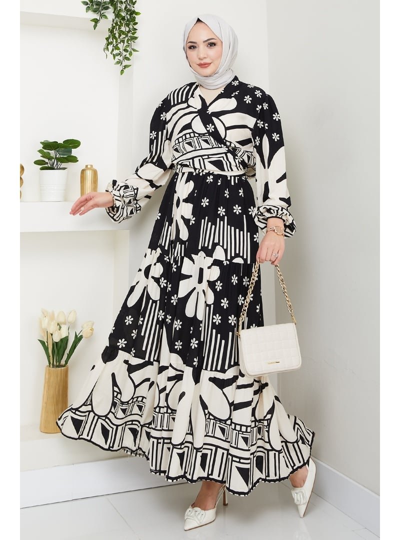InStyle Çiçekli Geometrik Desen Siyah Viskon Takım