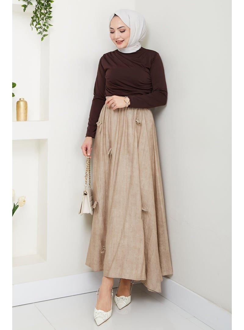 InStyle Fiyonk Detay Beli Lastikli Bej Etek