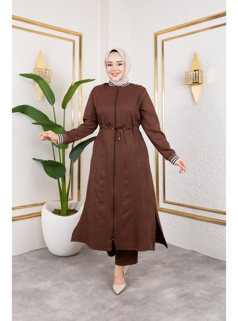 Harmatime butik Ribanalı Fermuarlı Kahverengi Keten İkili Takım