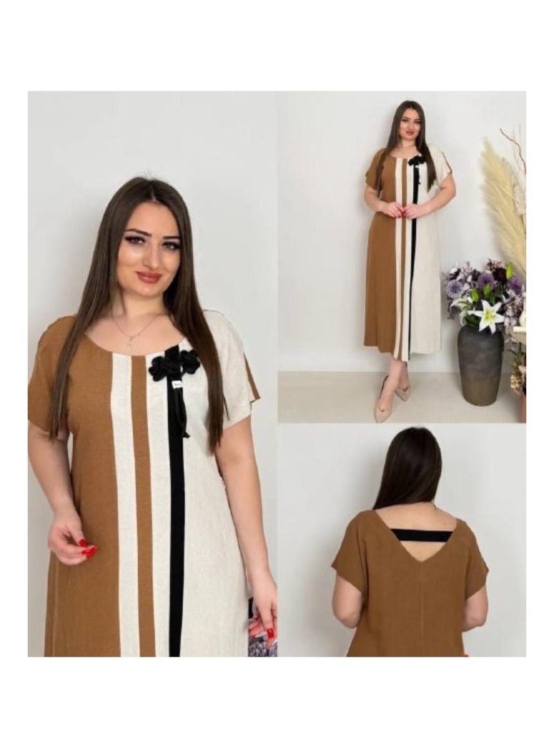 De White`s Büyük Beden Garnili Keten Elbise Camel
