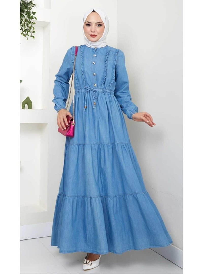 Harmatime butik Düğme Detaylı Fırfırlı Kot Elbise
