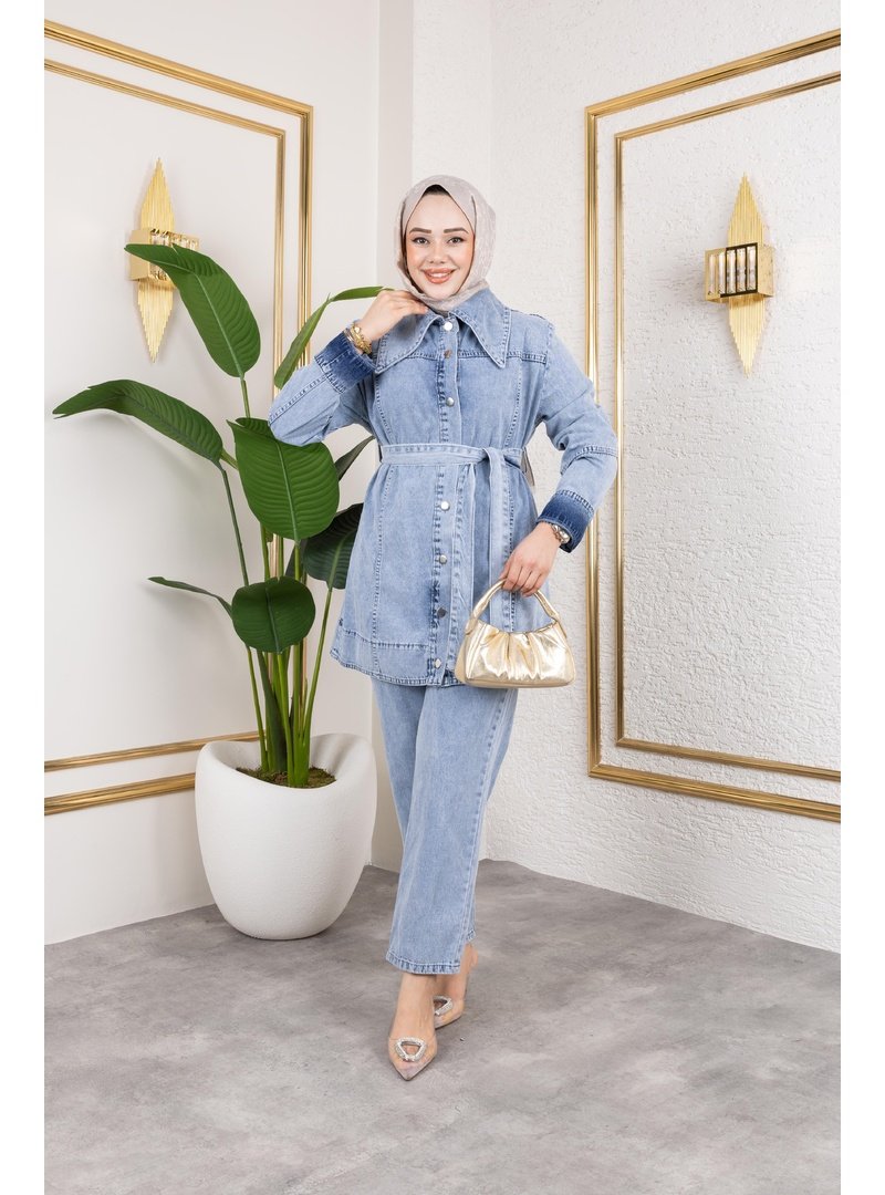 Harmatime butik Düğmeli Kuşaklı Denim Takım
