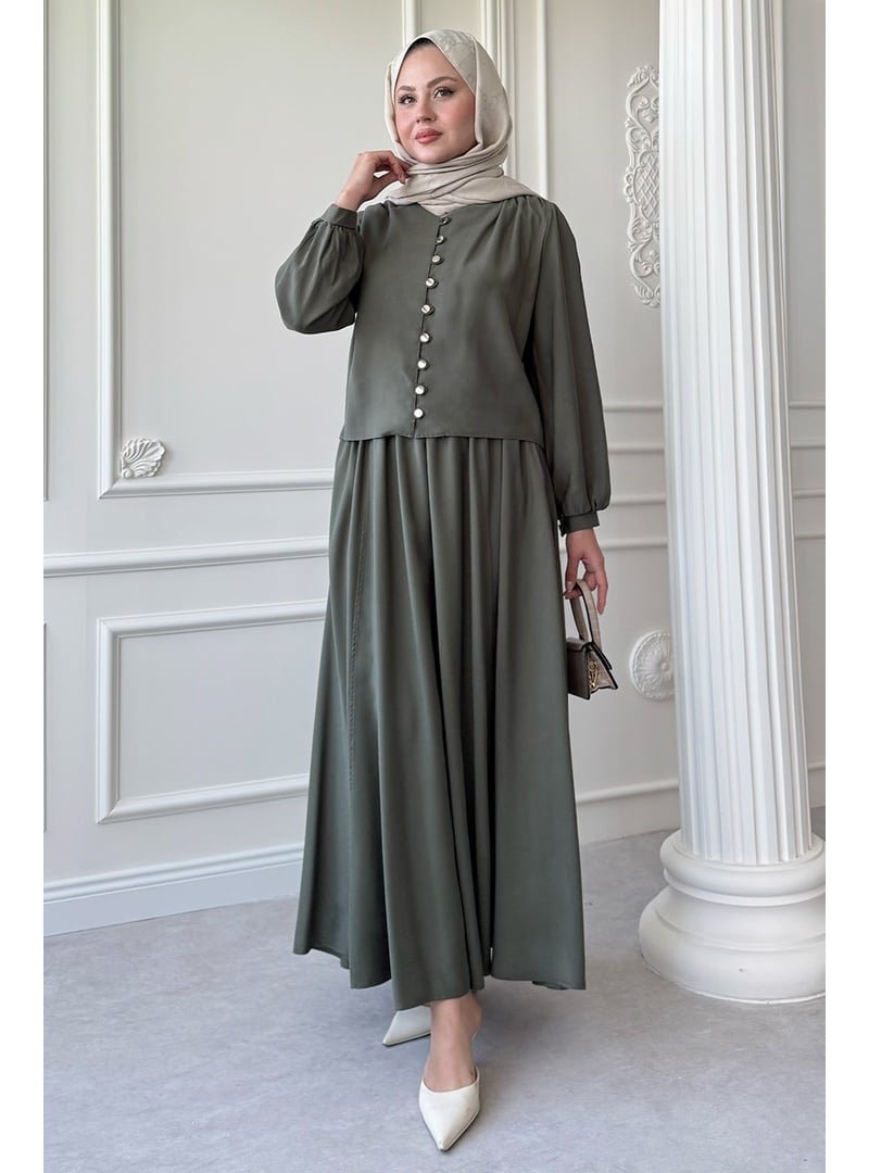 InStyle Düğmeli Tencel Etekli Haki Takım