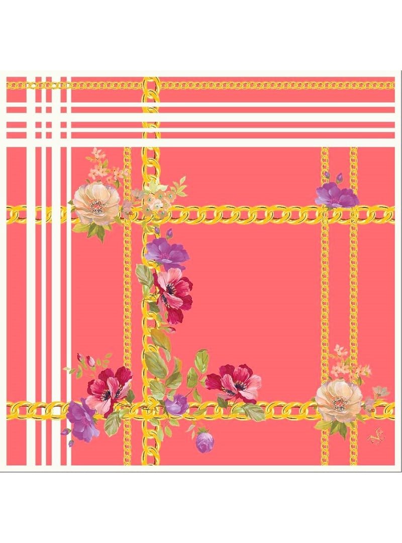 19v69 ITALIA Çiçekli Desen Gold Seri Twill Eşarp Askısı İle Birlikte 90x90 Cm Nar Çiçeği Beyaz
