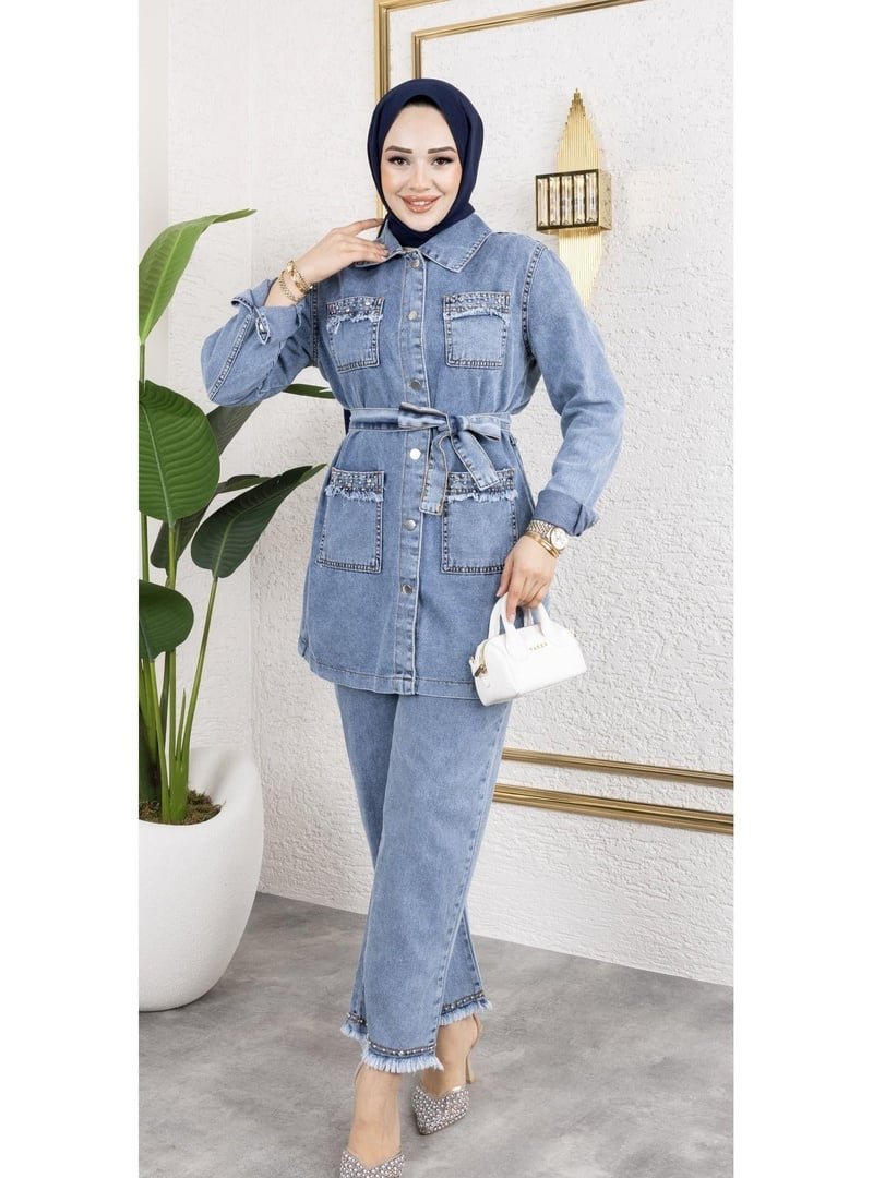 Harmatime butik Taş Detaylı 2li Takım Kot Ceket Pantolon