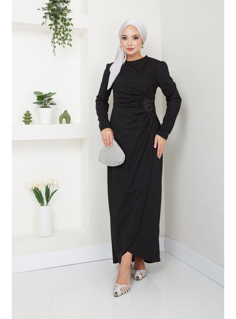 AYŞE MELEK TASARIM Giyim Moda Pullu Uzun Abiye Elbise Siyah