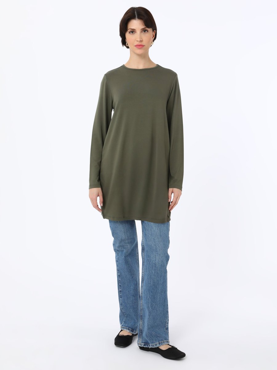 Benin Viskon Kumaştan Bisiklet Yaka Tunik 85 Cm Haki