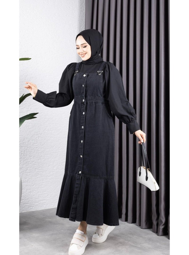 Harmatime butik Askılı Eteği Fırfırlı Kot Salopet