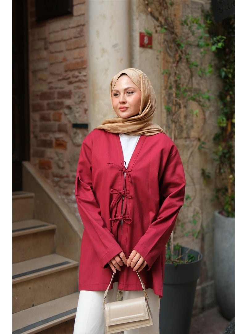 Locco Moda Bordo Önü Bağlamalı Oversize Kimono