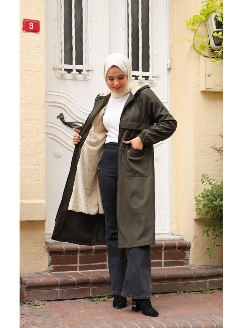 Harmatime butik Kapüşonlu Belden Sıkmalı Bondit Kaban