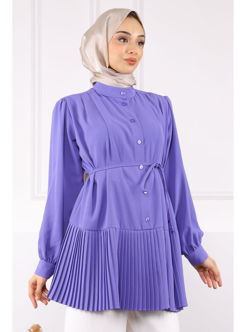 İmaj Butik Lila Eteği Piliseli Bel Kuşaklı Tunik