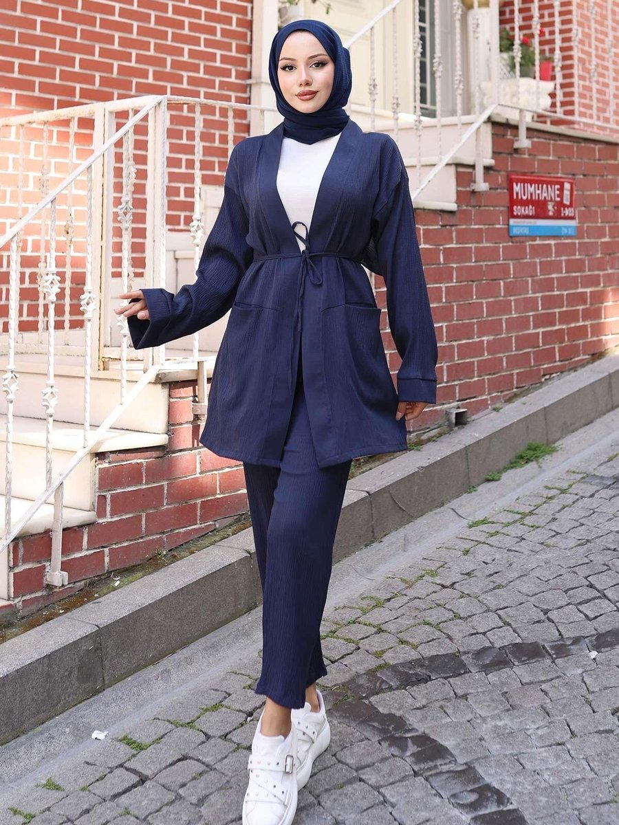 Misskayle Lacivert Cep Detaylı Kimono Takım