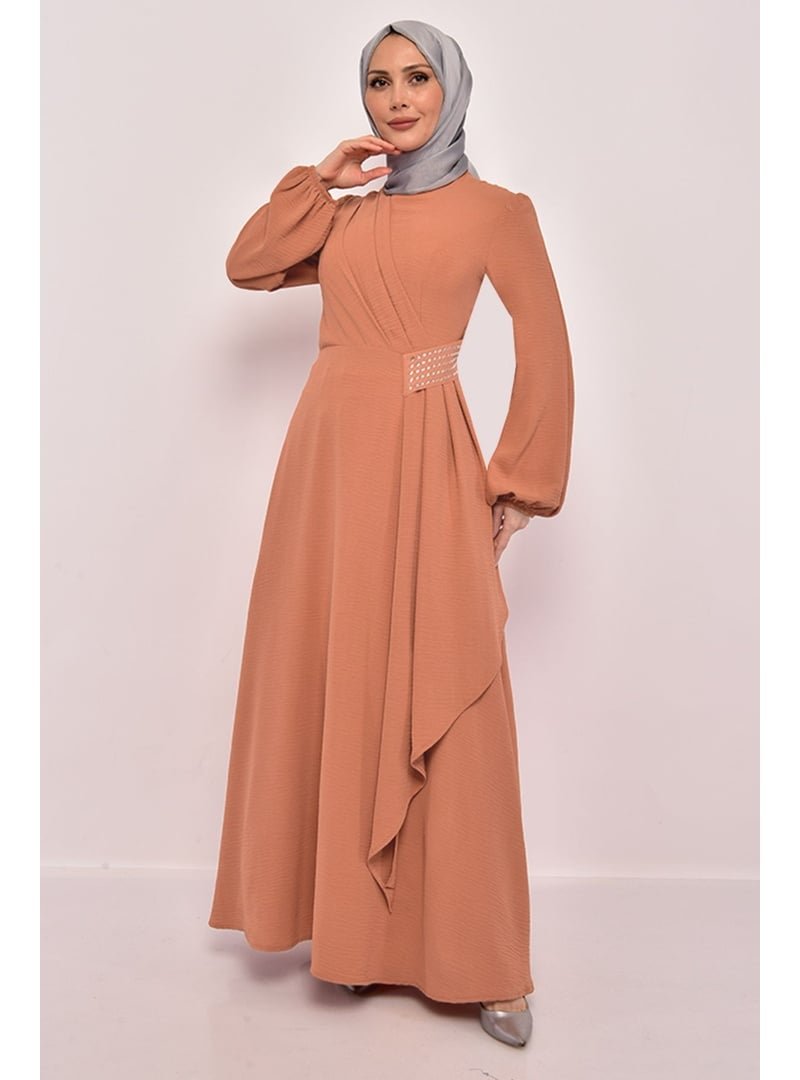 AYŞE MELEK TASARIM Giyim Moda Kemeri Taşlı Asimetrik Krep Tesettür Abiye Elbise Taba