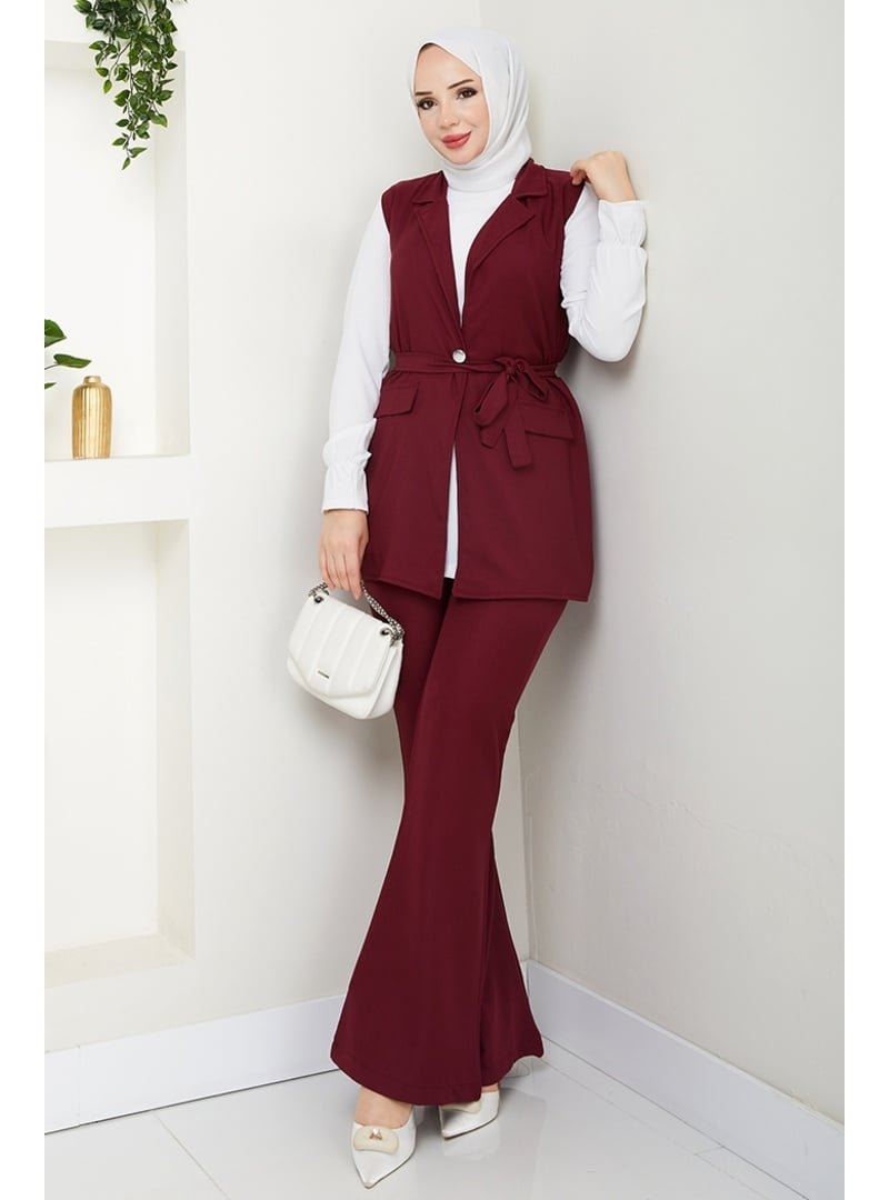 Bestenur Bordo Niyar Yelek Pantolon İkili Takım